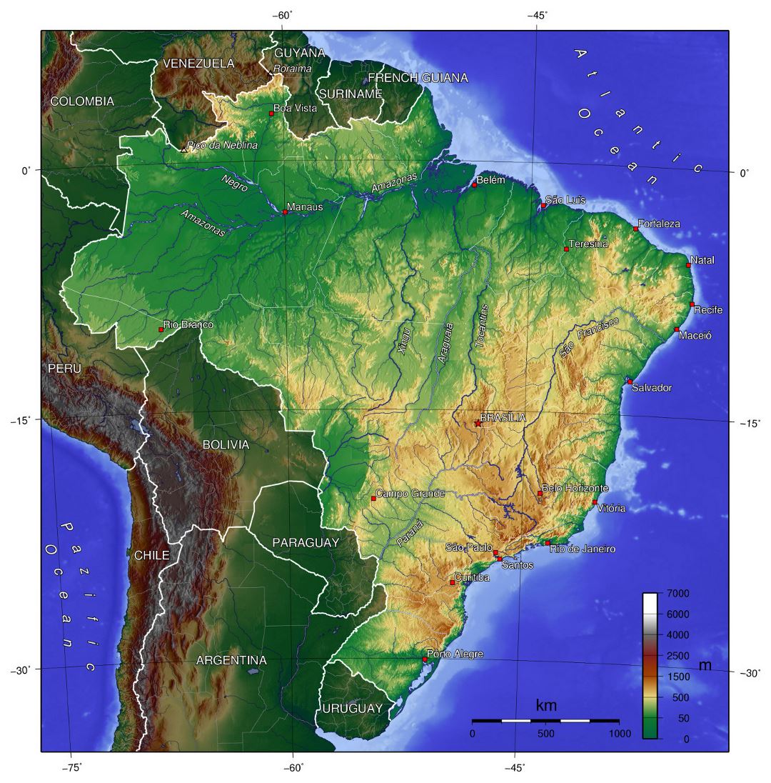 Большая физическая карта Бразилии