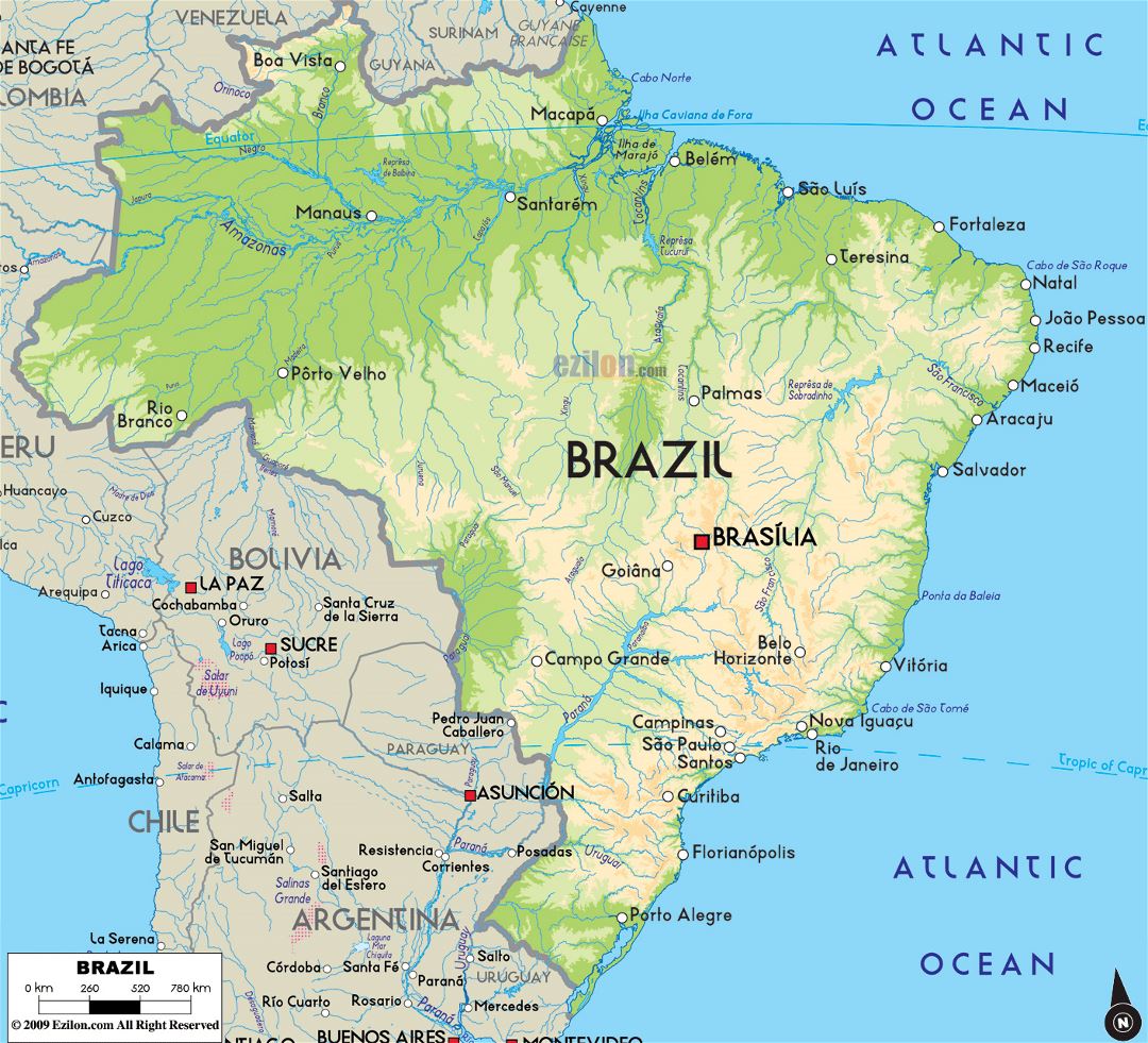 Большая физическая карта Бразилии с крупными городами