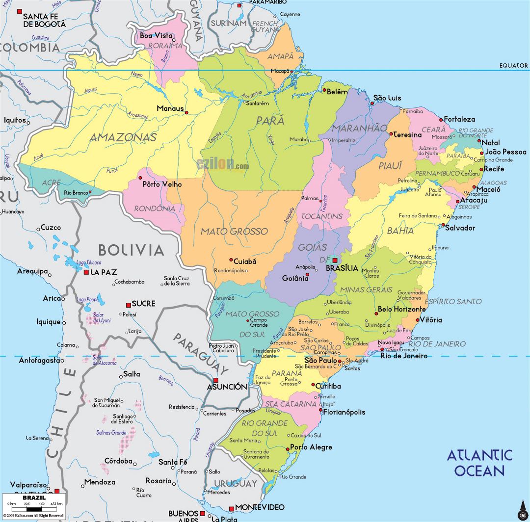 Большая политическая и административная карта Бразилии с крупными городами