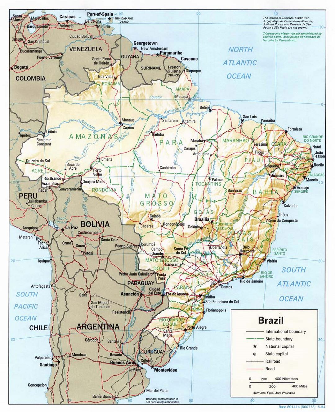 Большая политическая и административная карта Бразилии с рельефом, дорогами и крупными городами - 1994