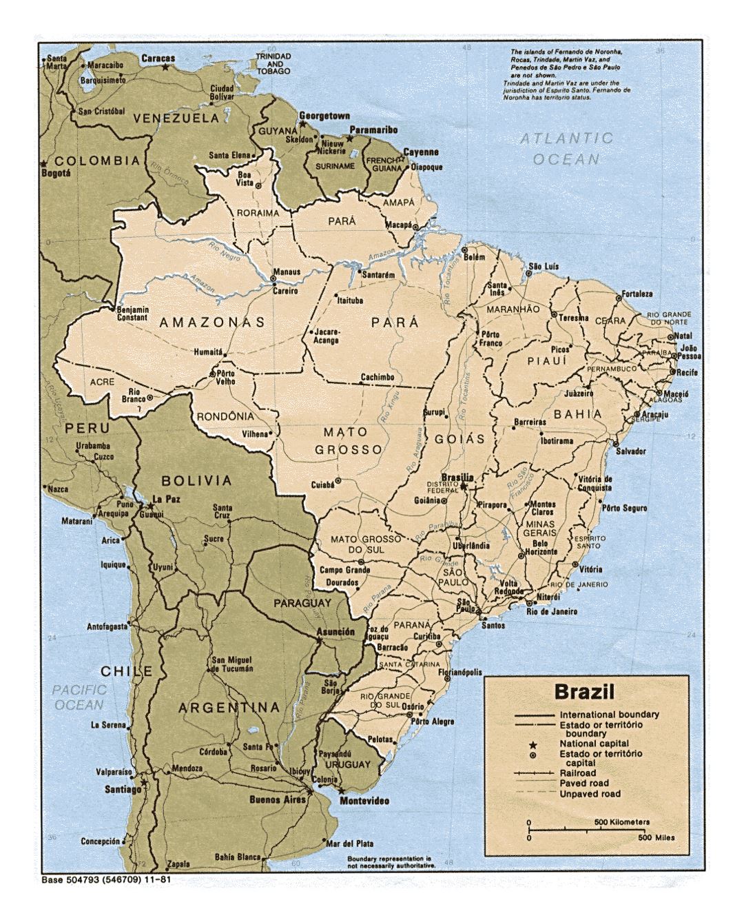 Большая политическая и административная карта Бразилии с дорогами и крупными городами - 1981