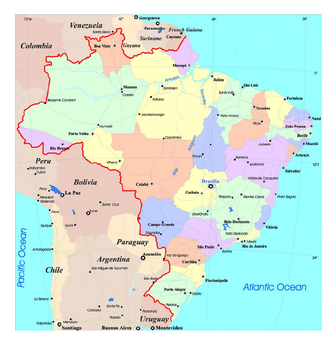 Большая политическая и административная карта Бразилии с дорогами и крупными городами