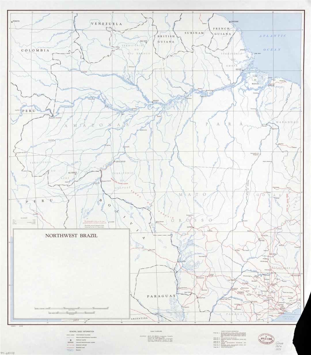 Крупномасштабная карта северо-западной Бразилии с другими пометками - 1954