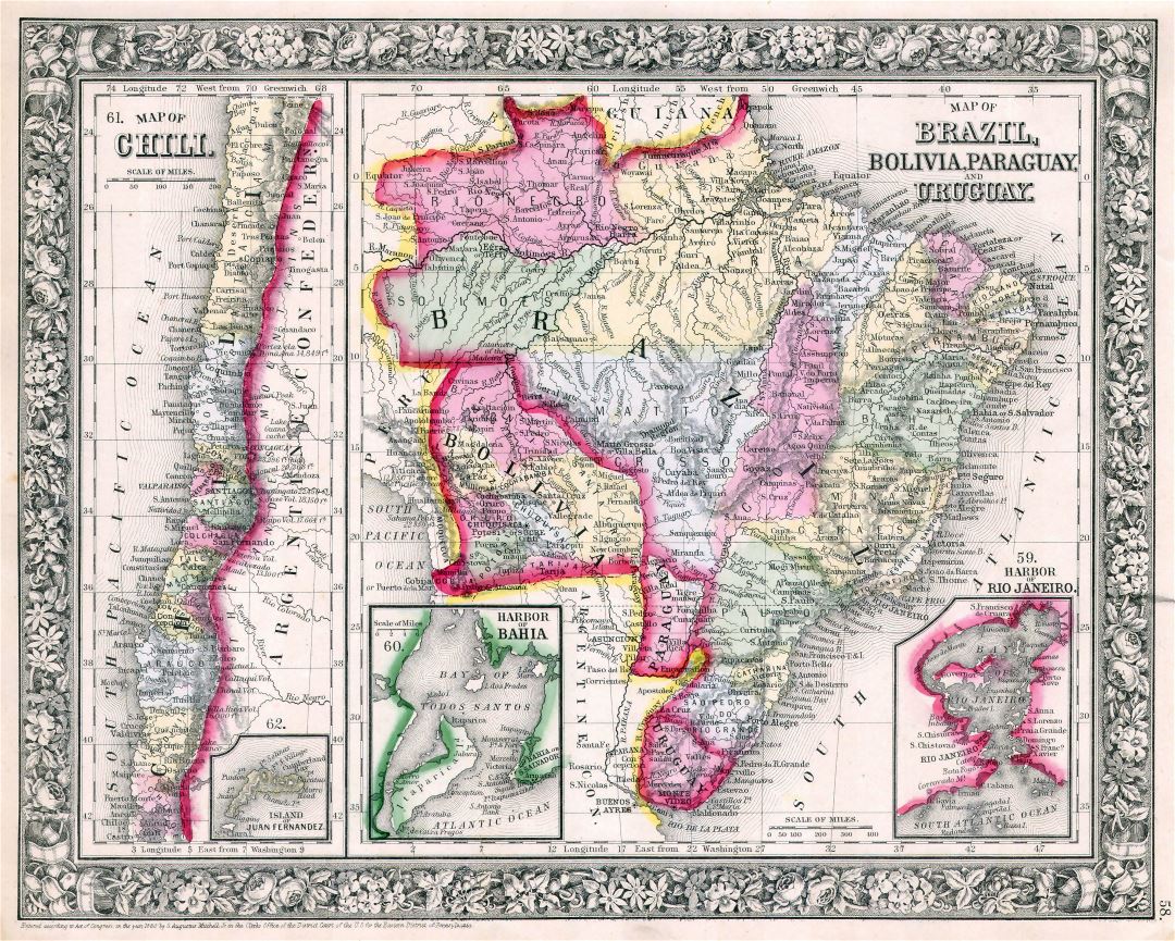 Крупномасштабная старая политическая карта Бразилии, Боливии, Парагвая, Уругвая и Чили - 1864