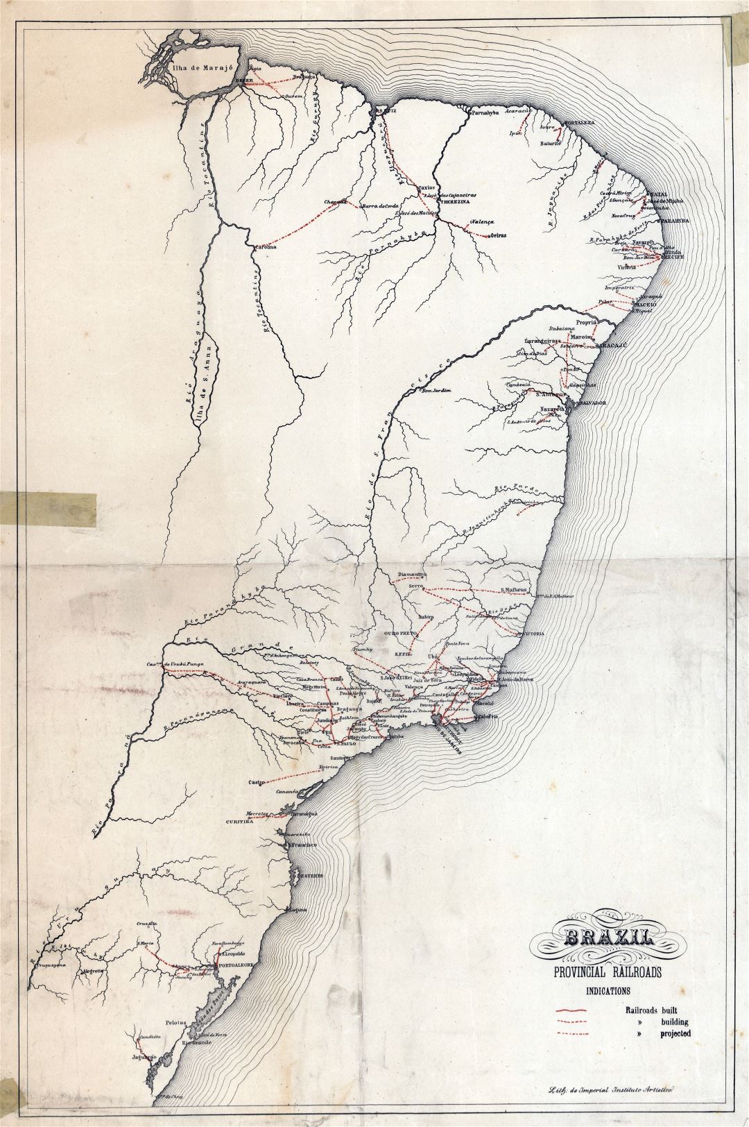 Большая подробная старая карта железных дорог провинций Бразилии - 1902