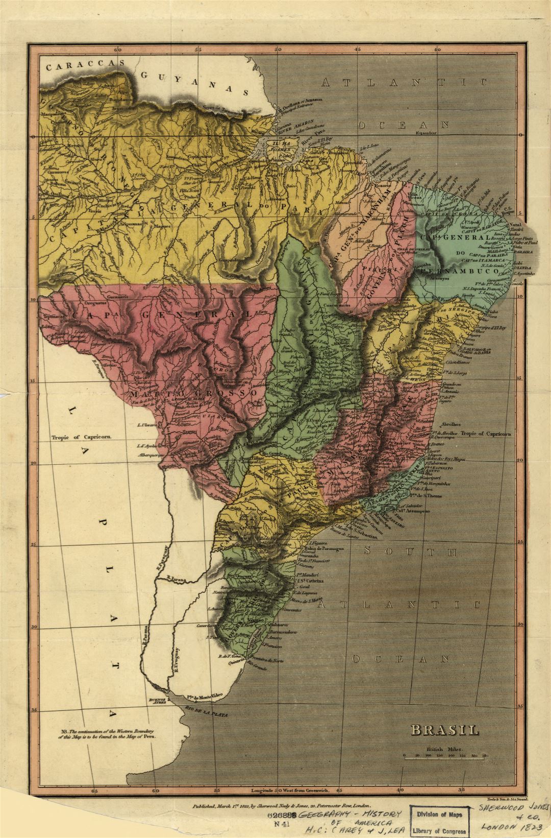 Большая детальная старая карта Бразилии с другими пометками - 1822