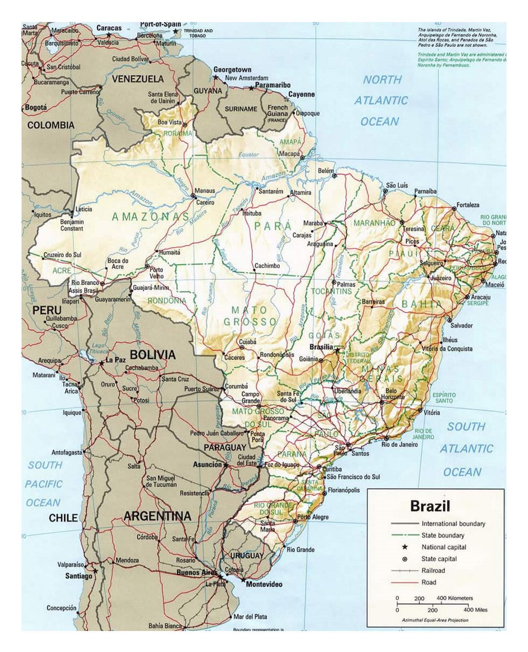Политическая карта Бразилии с рельефом