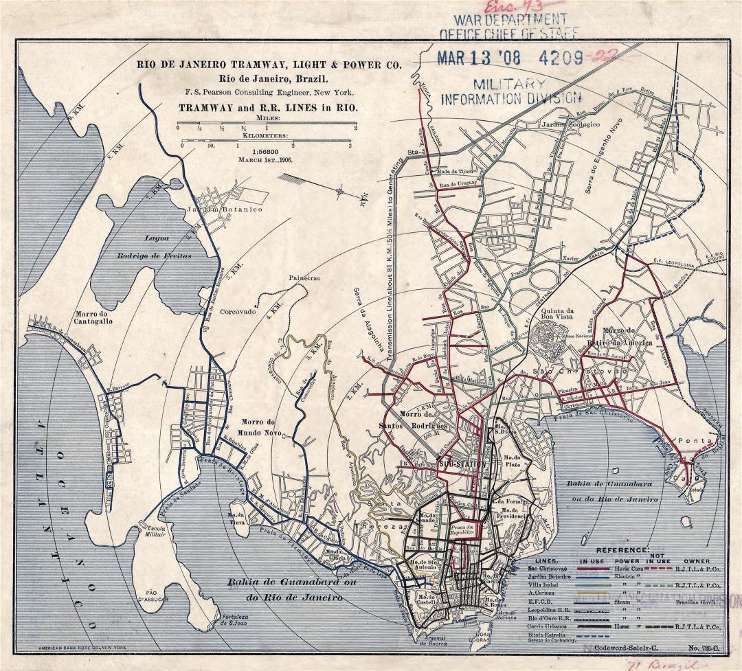 Большая подробная старая карта трамвайных и железнодорожных линий Рио-де-Жанейро - 1906
