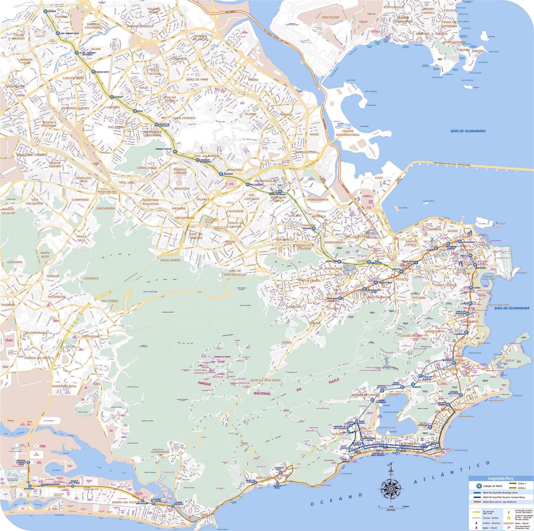 Большая подробная карта Рио-де-Жанейро с общественным транспортом