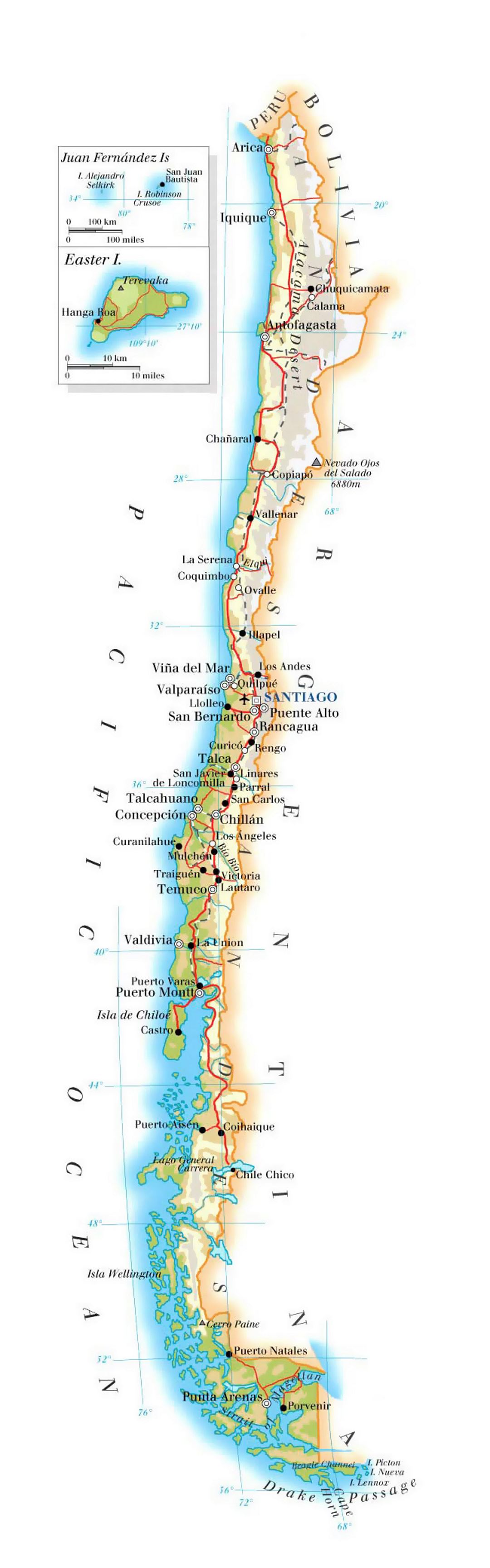 Подробная карта высот Чили с дорогами, городами и аэропортами