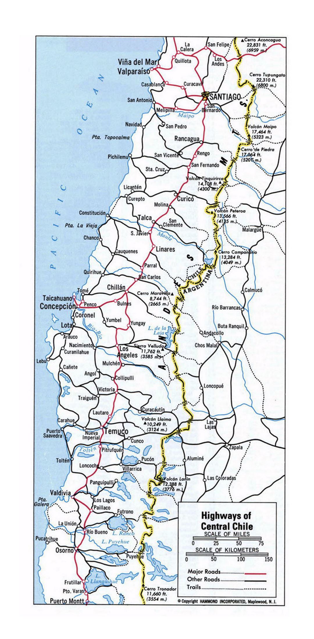 Детальная карта автомобильных дорог Центрального Чили