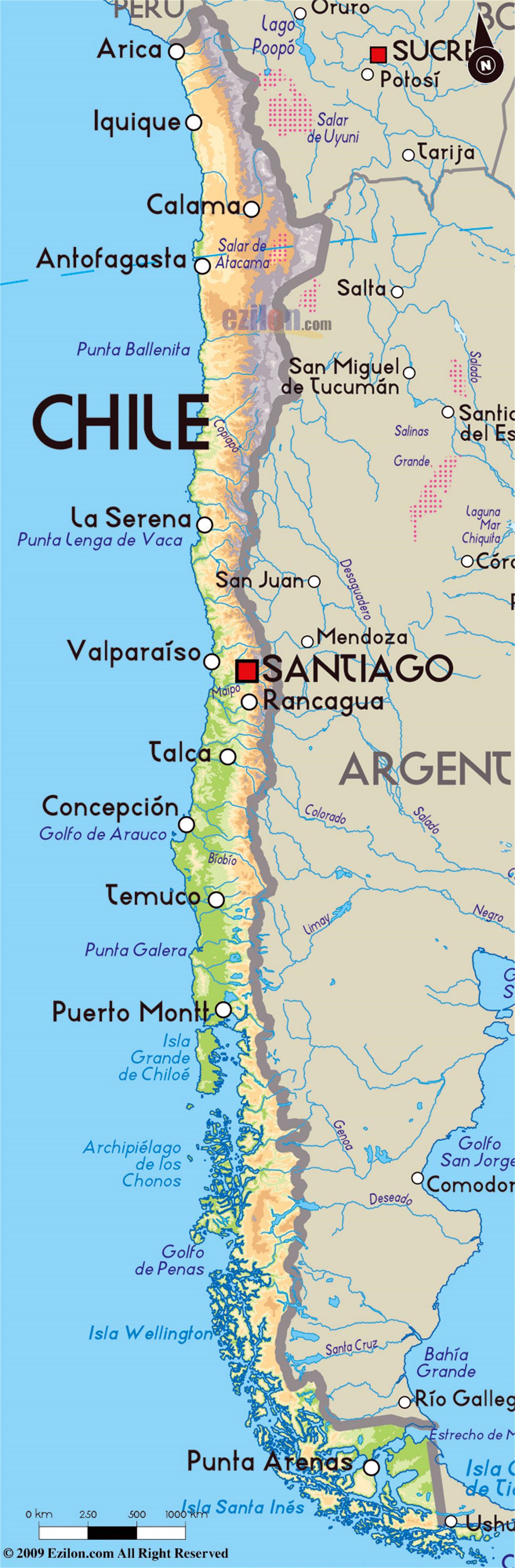 Подробная физическая карта Чили с крупными городами