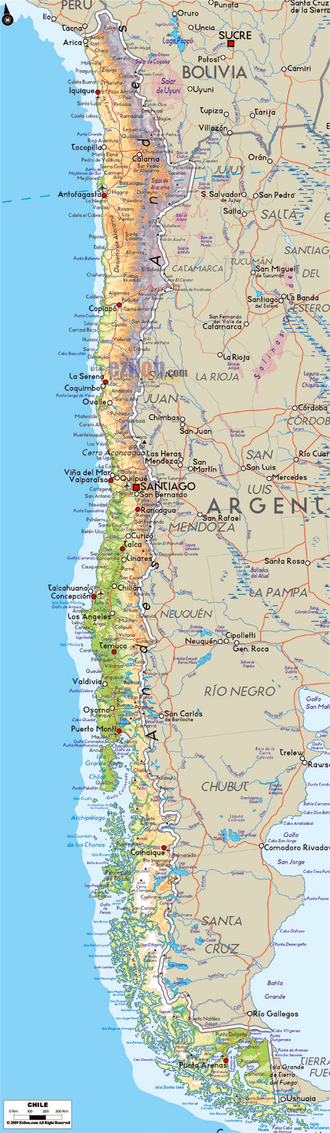 Детальная физическая карта Чили с дорогами, городами и аэропортами