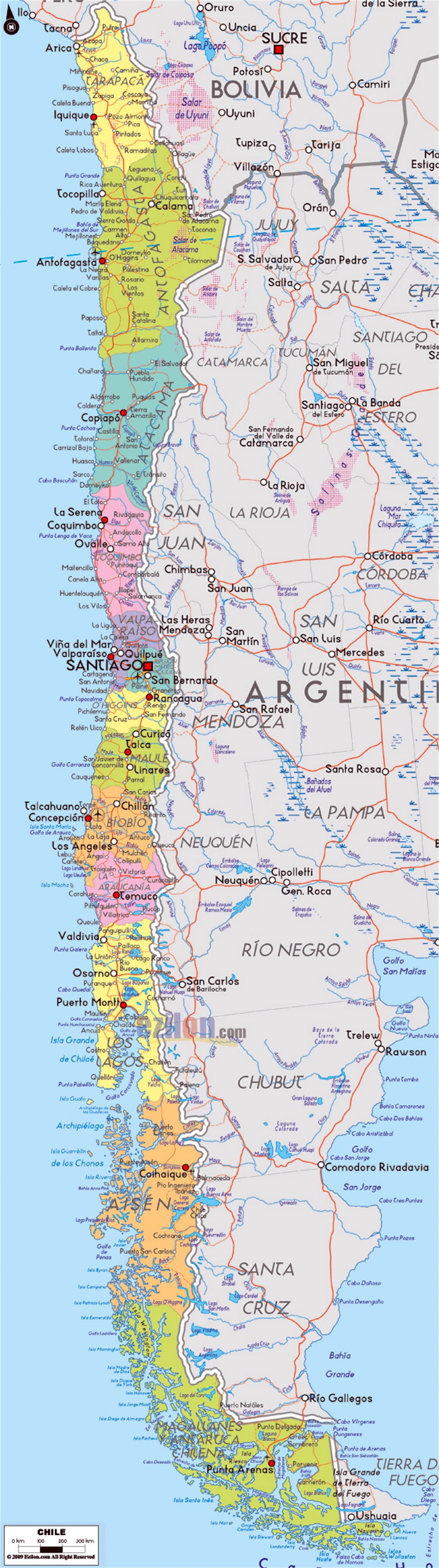 Детальная политическая и административная карта Чили с дорогами, городами и аэропортами
