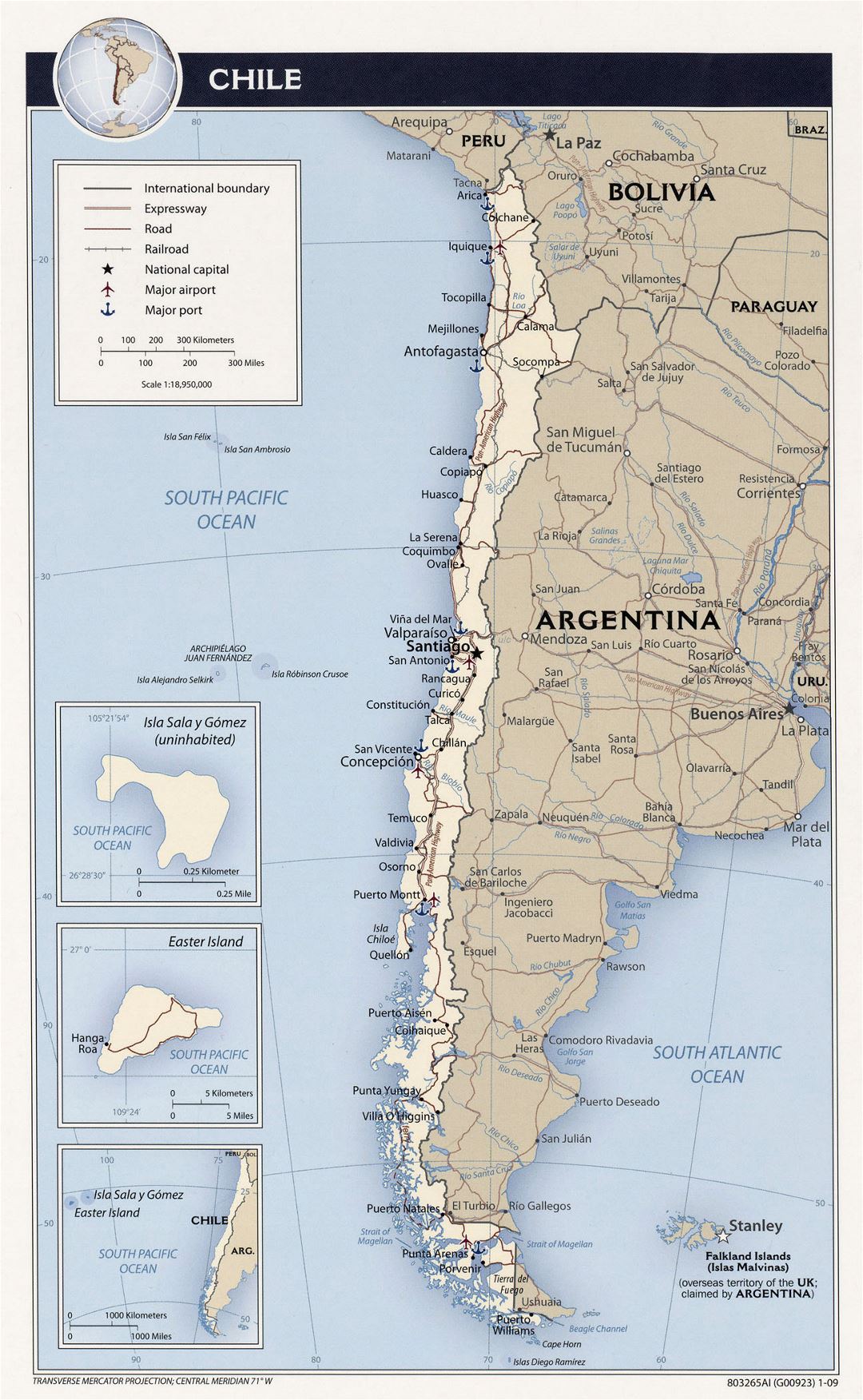 Подробная политическая карта Чили с дорогами, городами, аэропортами и морскими портами - 2009