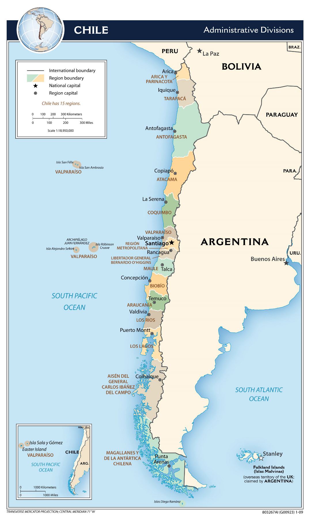 Большая детальная карта административных делений Чили - 2009
