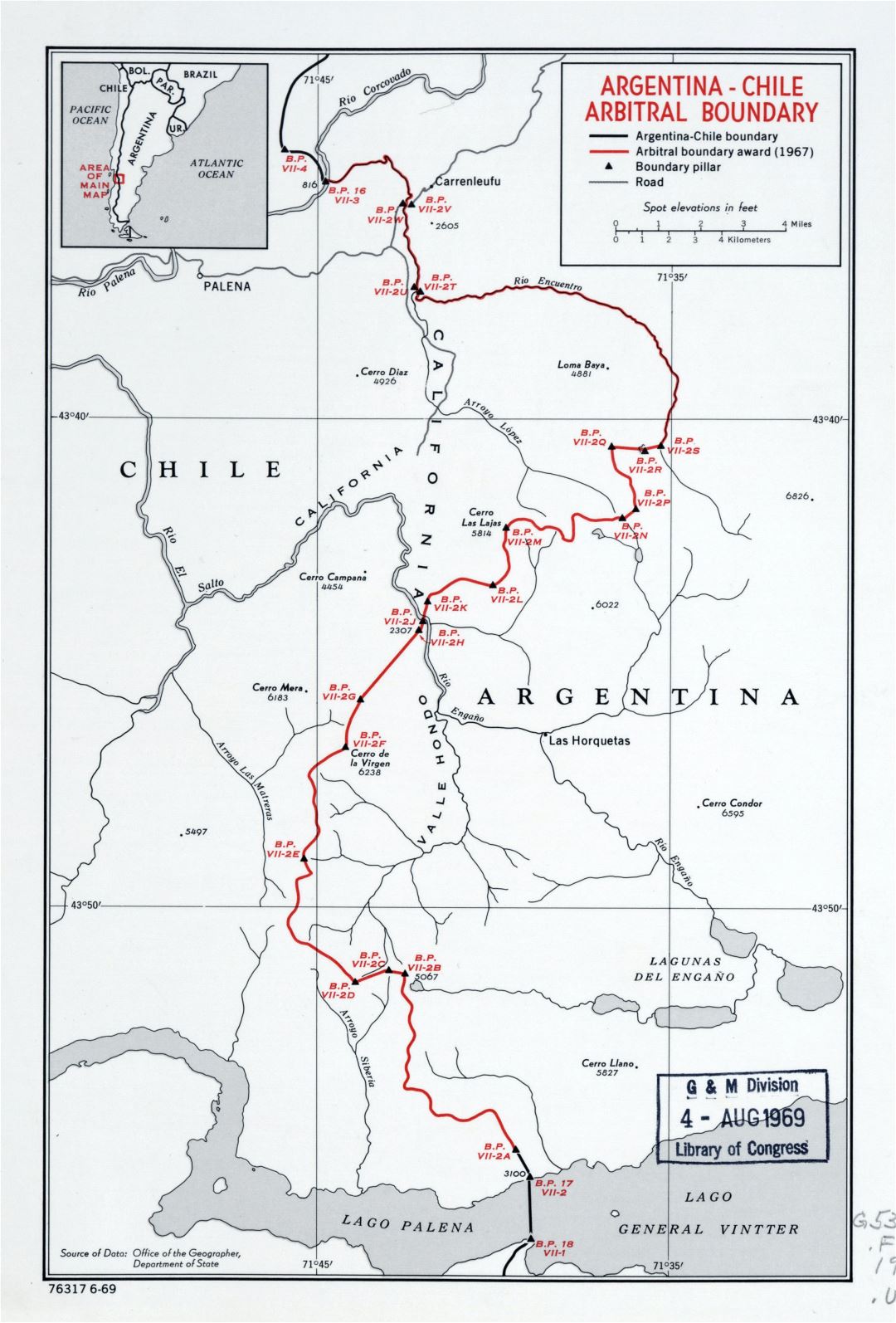 Большая детальная карта арбитражных границ Аргентина-Чили - 1969