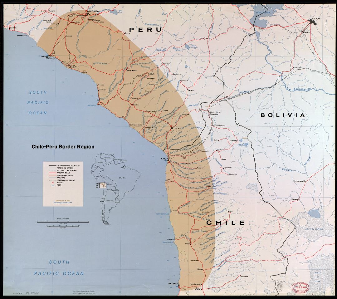 Большая подробная карта пограничного региона Чили-Перу с другими пометками - 1974
