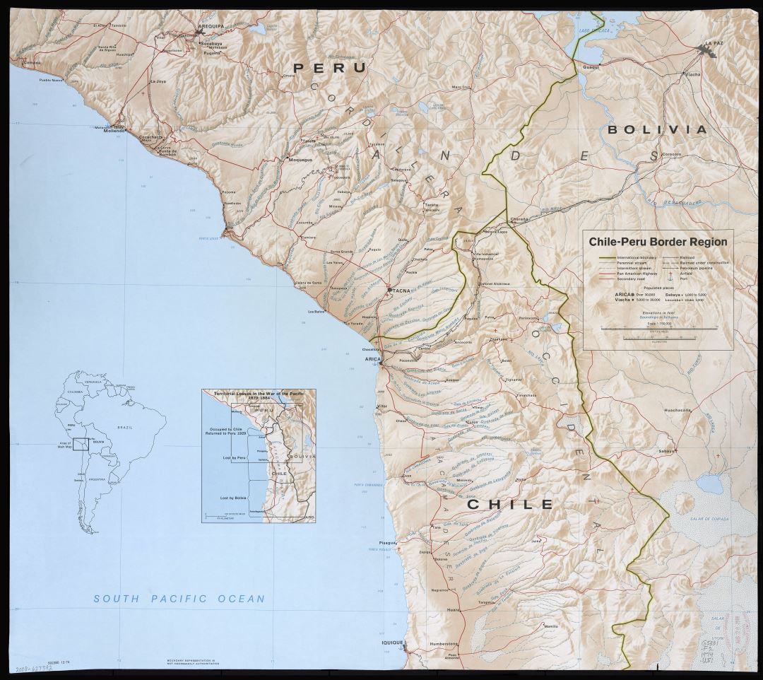 Большая подробная карта пограничного региона Чили-Перу с рельефом и другими пометками - 1974