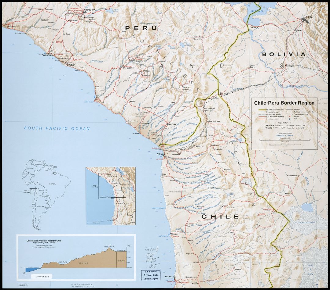 Большая детальная карта пограничного региона Чили - Перу с рельефом и другими пометками - 1975