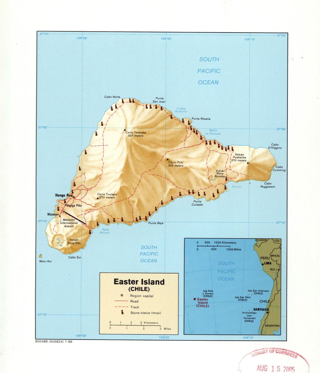 Большая детальная карта острова Пасхи (Чили) с рельефом и другими пометками - 1986