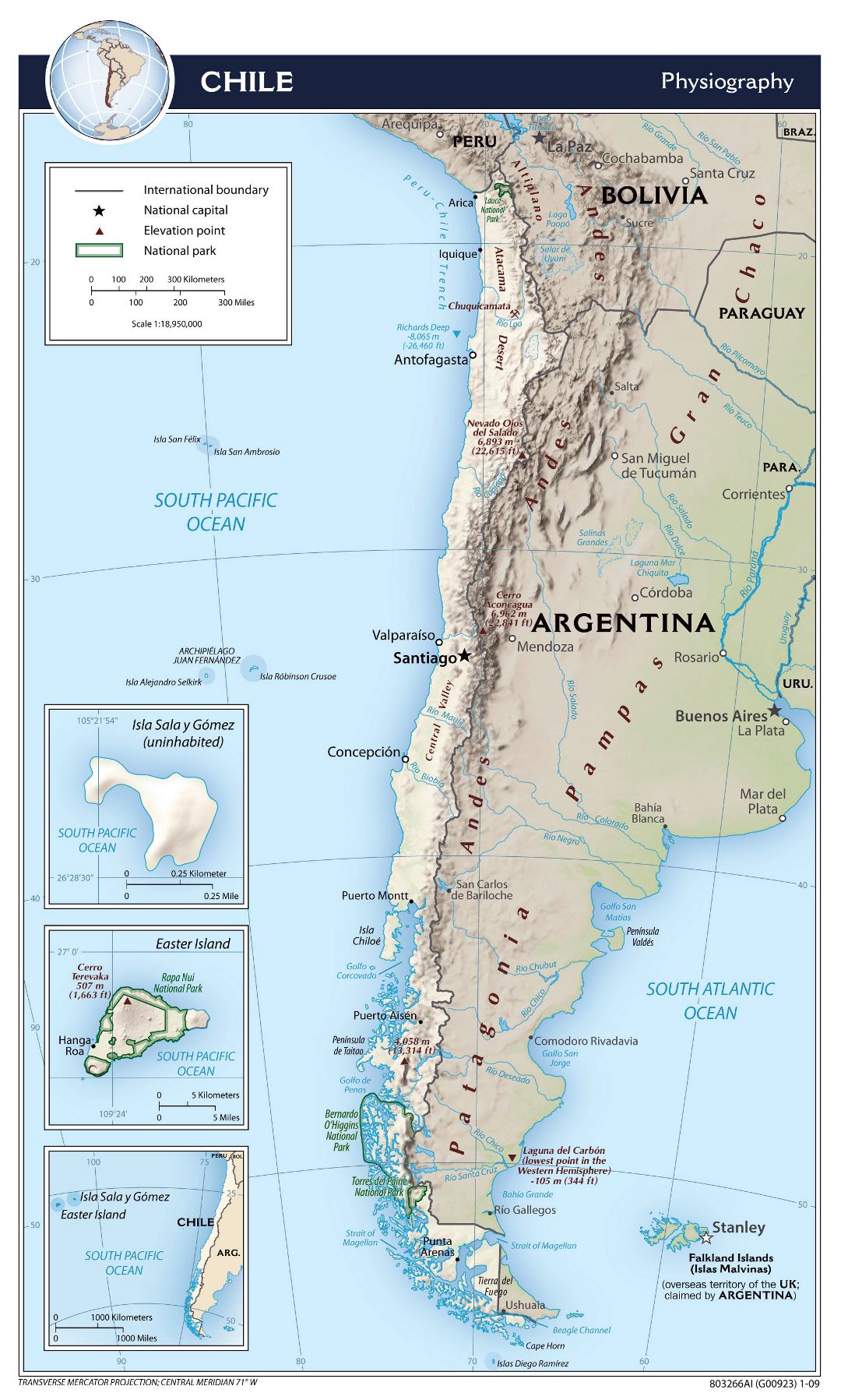 Большая детальная физиографическая карта Чили - 2009