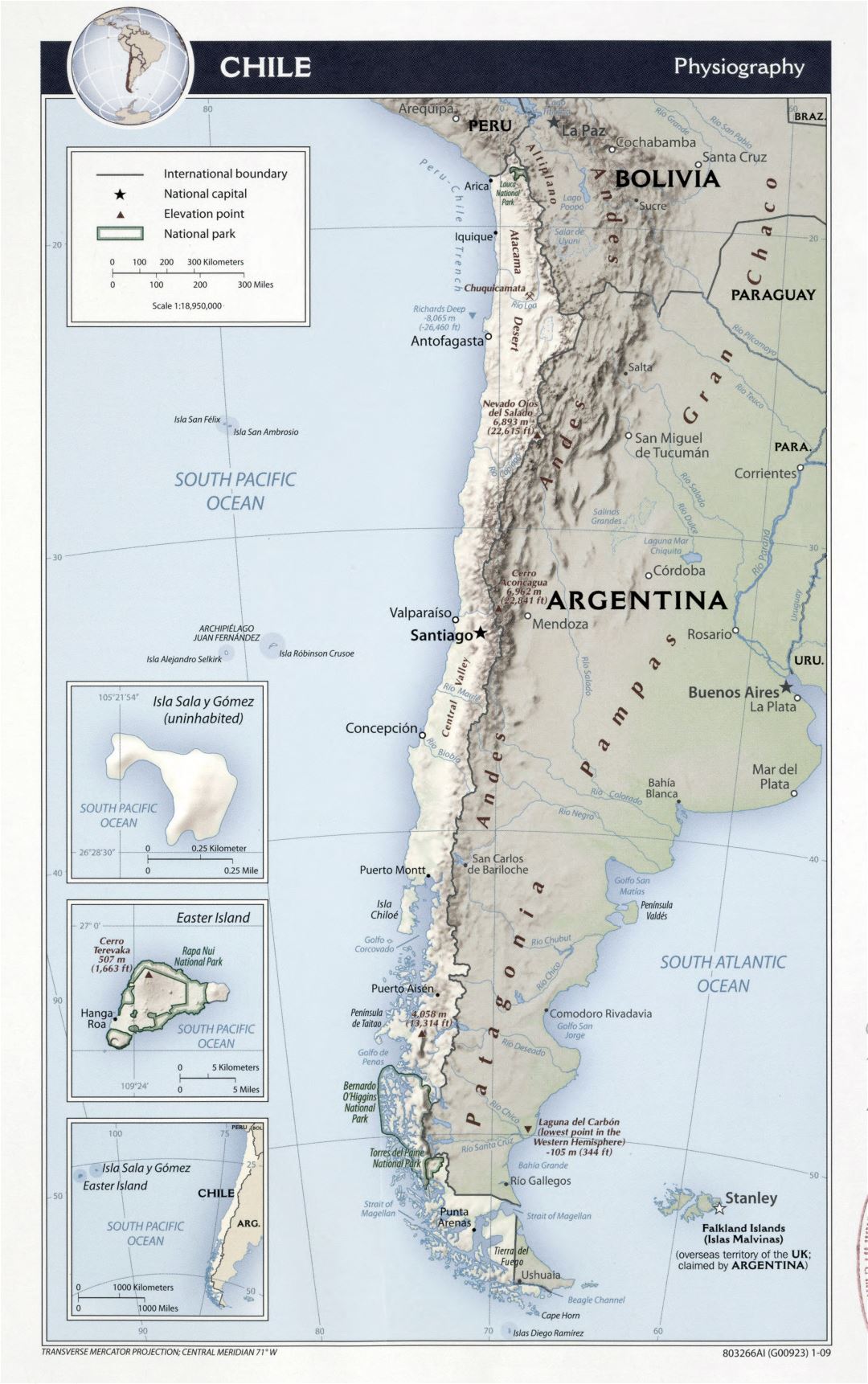 Большая подробная физиографическая карта Чили с другими пометками - 2009
