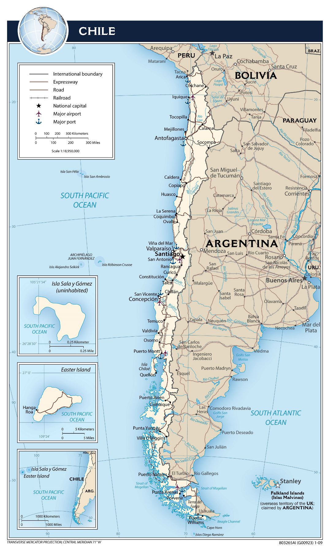 Большая детальная политическая карта Чили с дорогами, городами, аэропортами и морскими портами - 2009