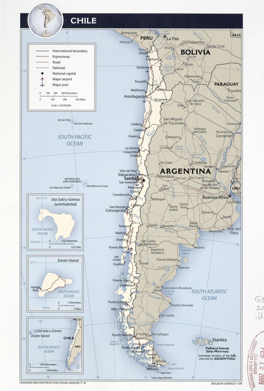 Большая детальная политическая карта Чили с дорогами, автомагистралями, железными дорогами, крупными городами, морскими портами и аэропортами - 2009