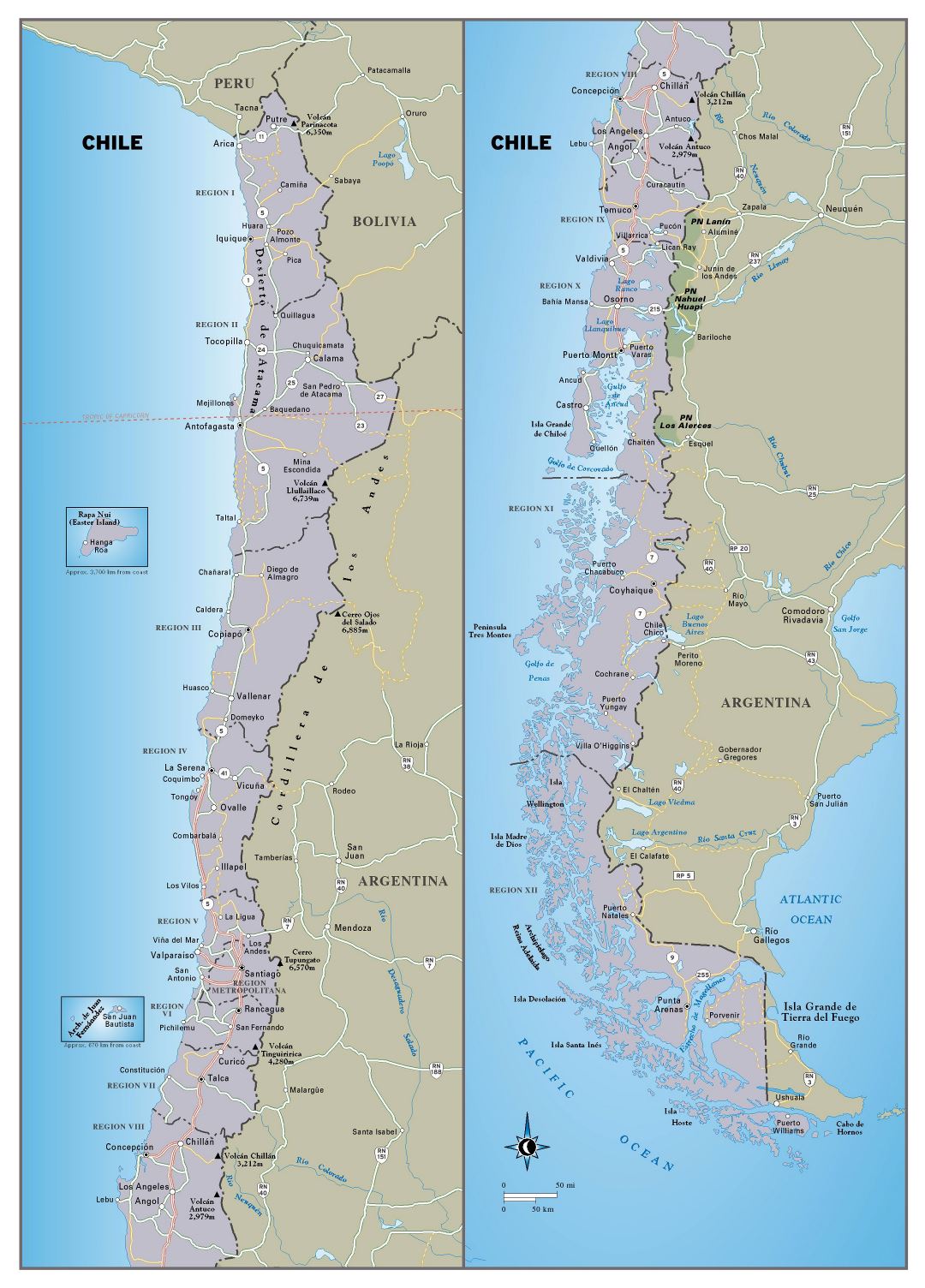 Большая подробная туристическая карта Чили с дорогами и крупными городами
