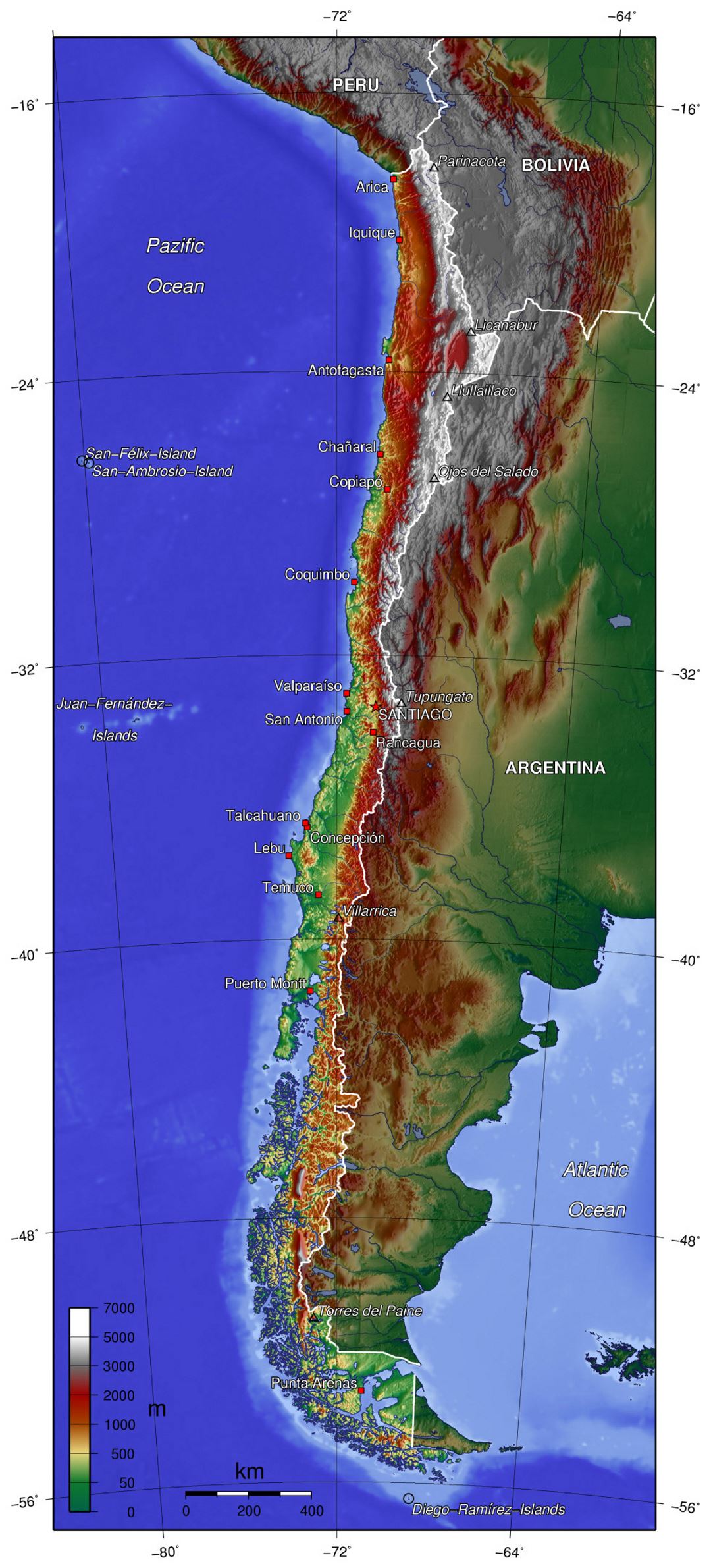 Большая физическая карта Чили