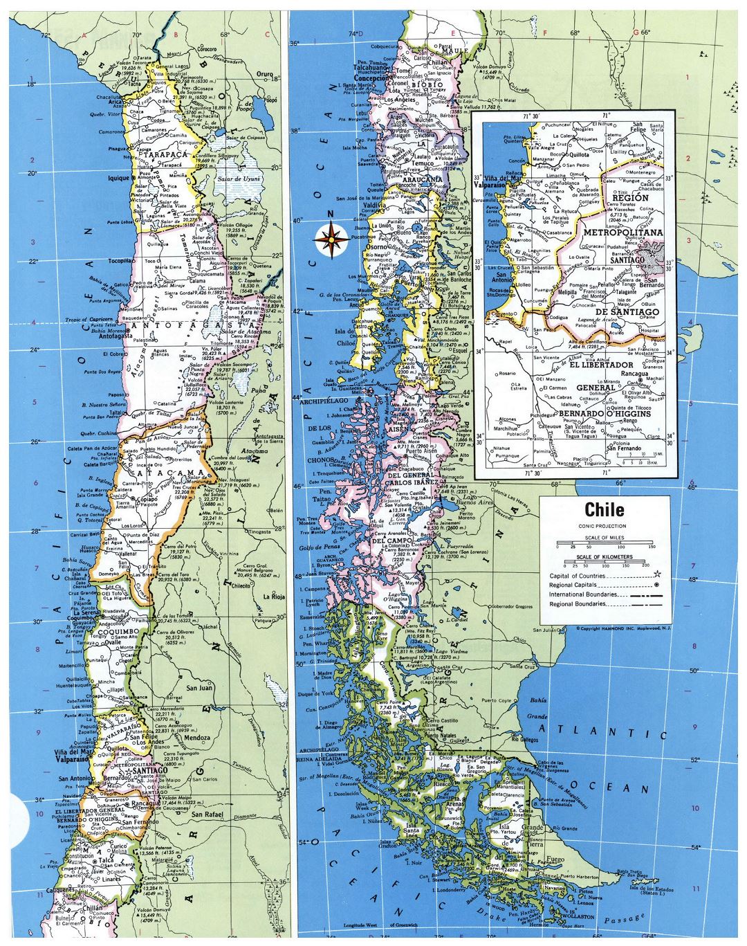 Большая политическая и административная карта Чили со всеми городами