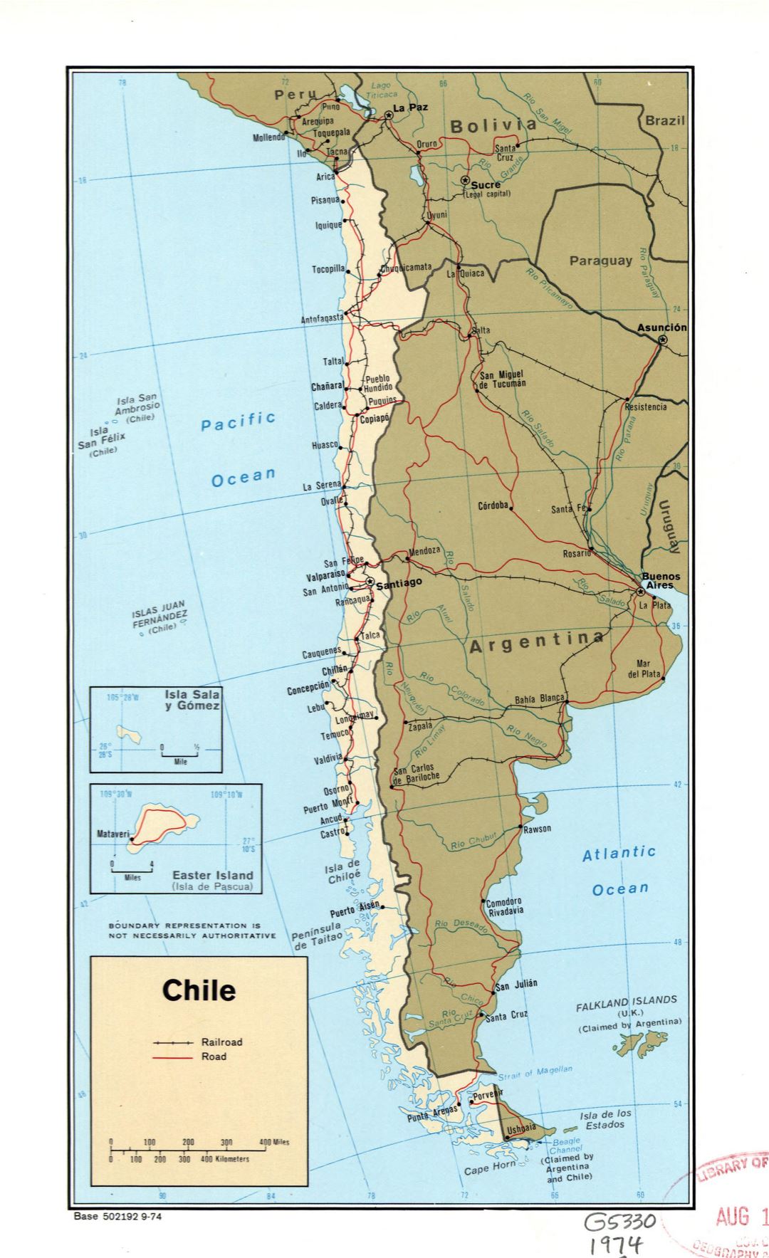 Большая политическая карта Чили с пометками дорог, железных дорог и крупных городов - 1974