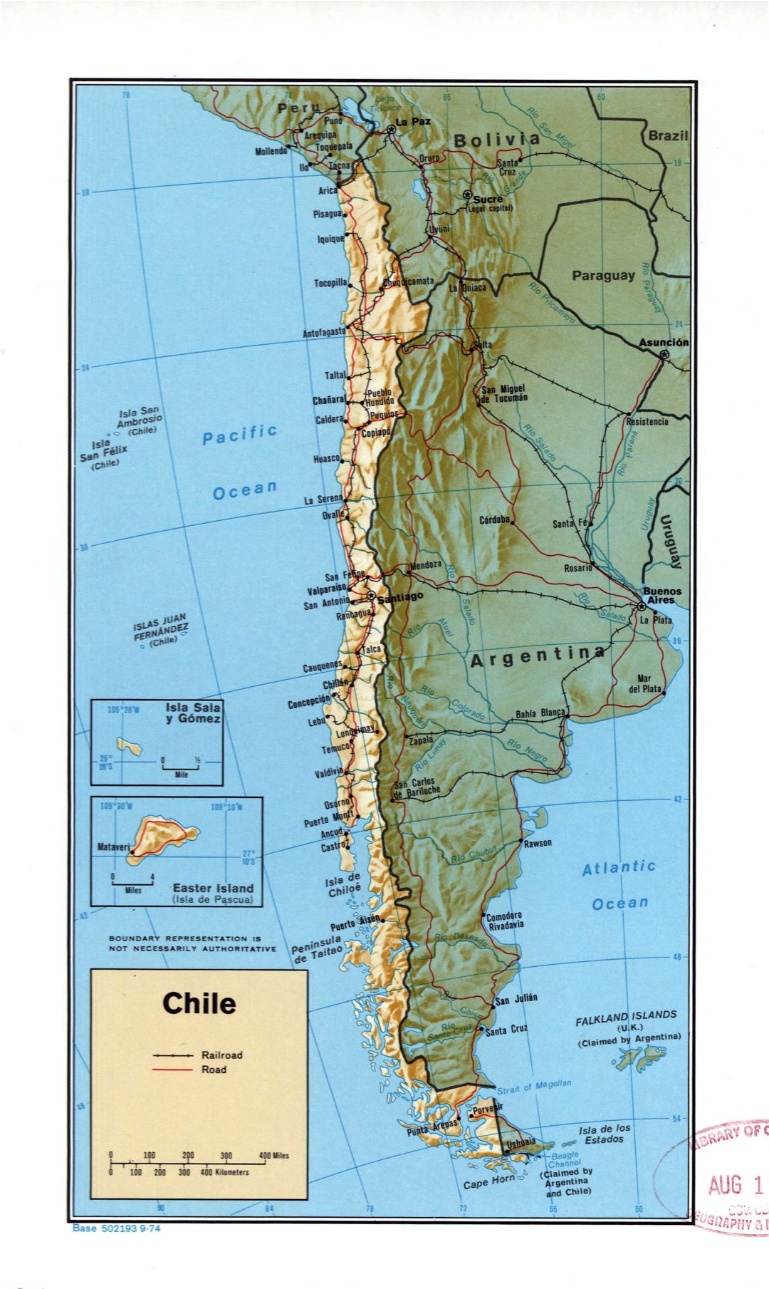 Большая политическая карта Чили с рельефом, пометками дорог, железных дорог и крупных городов - 1974