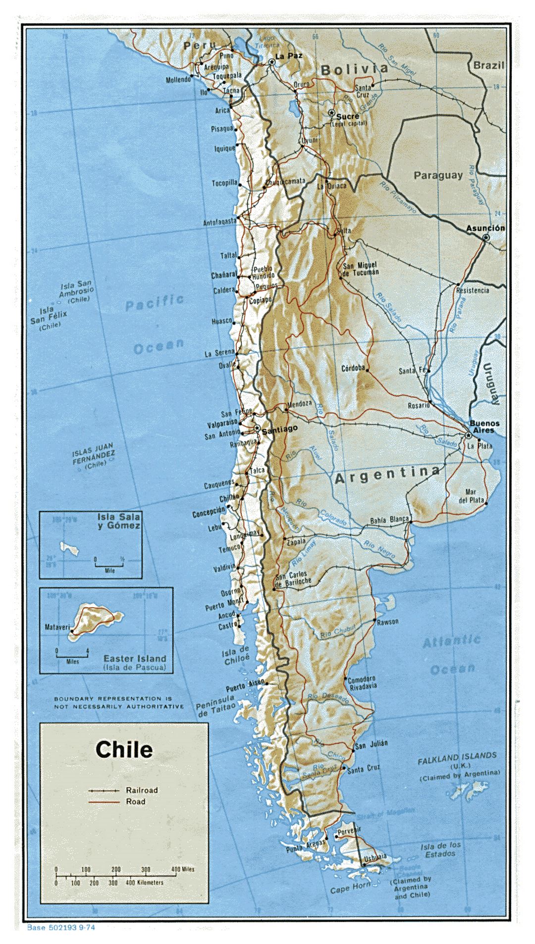 Большая политическая карта Чили с рельефом, дорогами и крупными городами - 1974