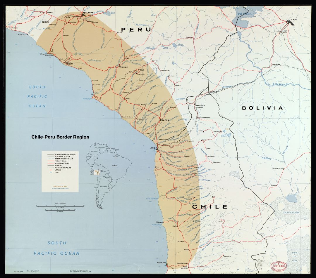 Крупномасштабная карта пограничного региона Чили - Перу с другими пометками - 1974