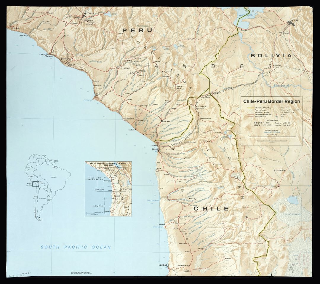 Крупномасштабная детальная карта пограничного региона Чили и Перу с рельефом и другими пометками - 1974