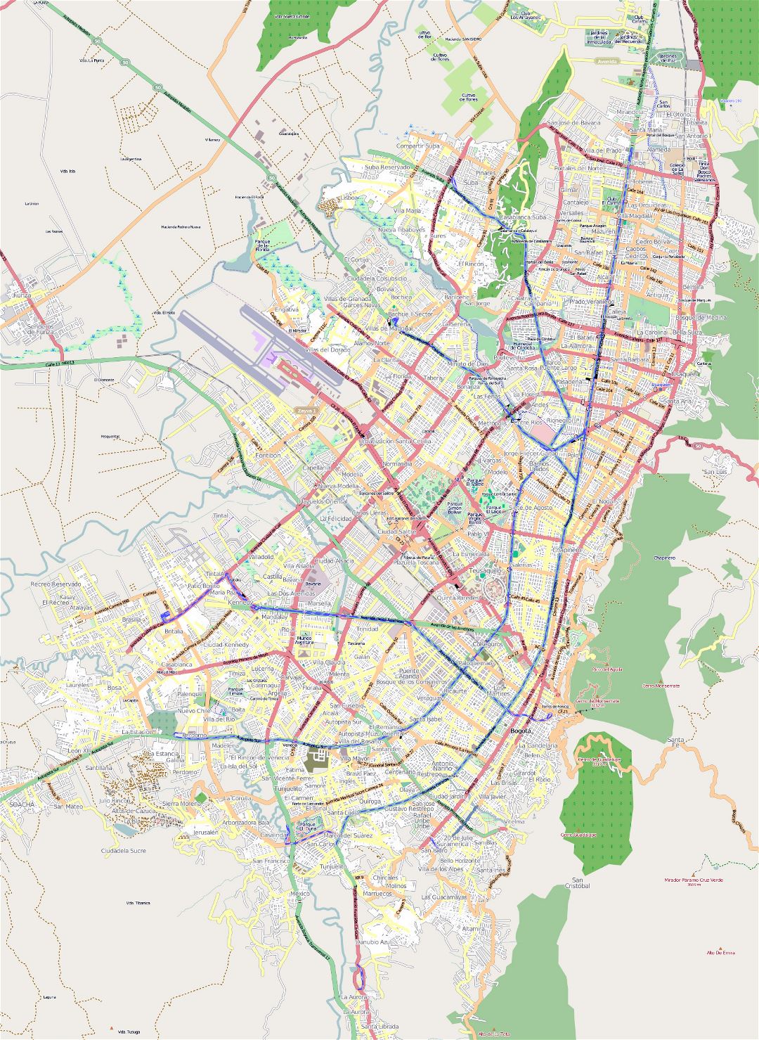 Подробная карта дорог города Богота