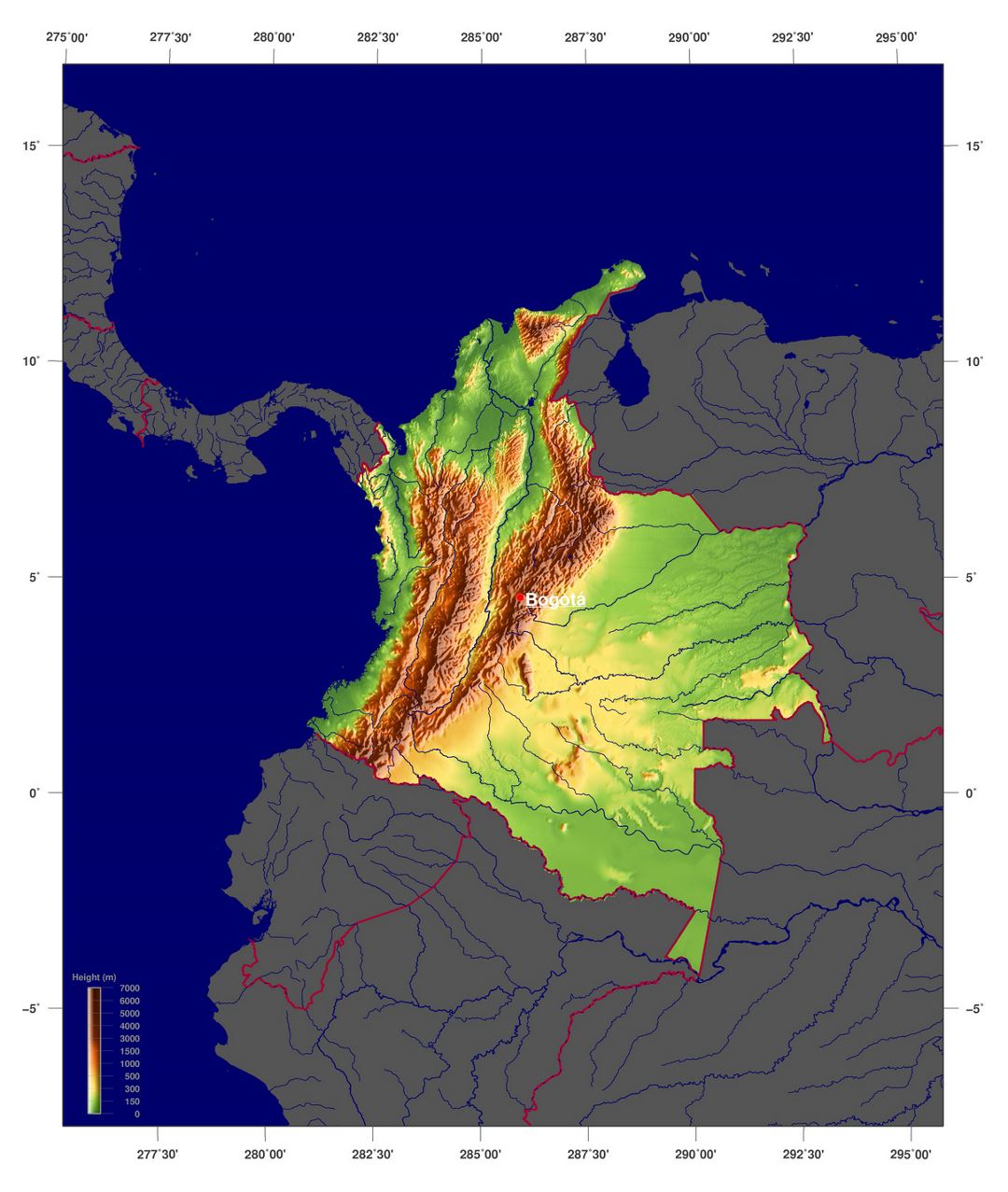 Детальная физическая карта Колумбии