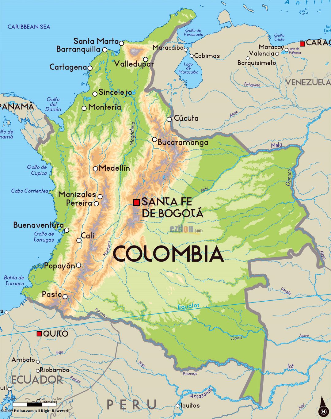 Детальная физическая карта Колумбии с крупными городами
