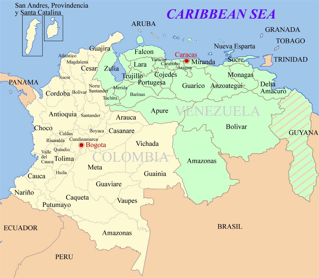 Подробная политическая и административная карта Колумбии и Венесуэлы