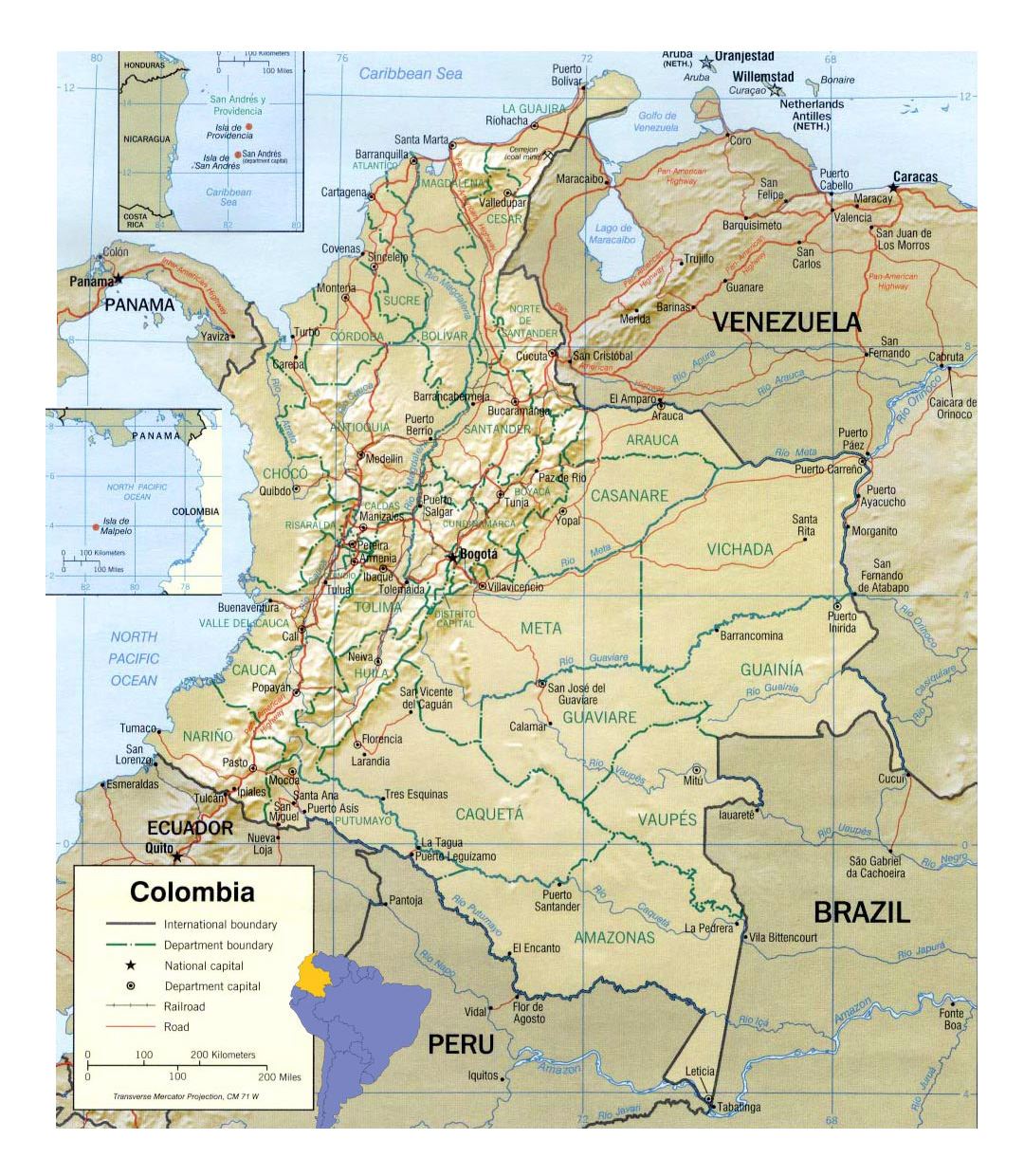 Детальная политическая и административная карта Колумбии с рельефом, дорогами и городами