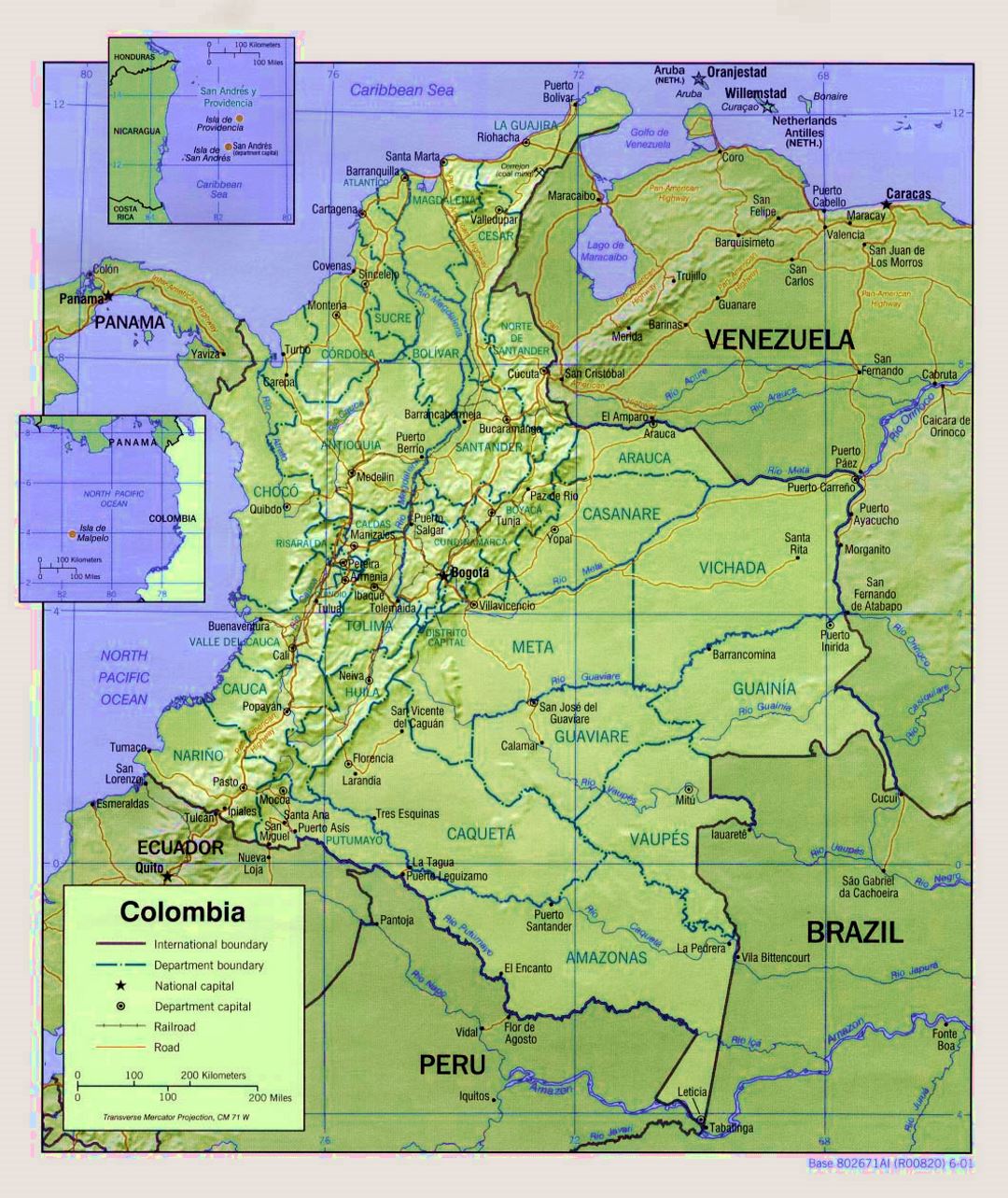 Детальная политическая и административная карта Колумбии с рельефом, дорогами и крупными городами - 2001