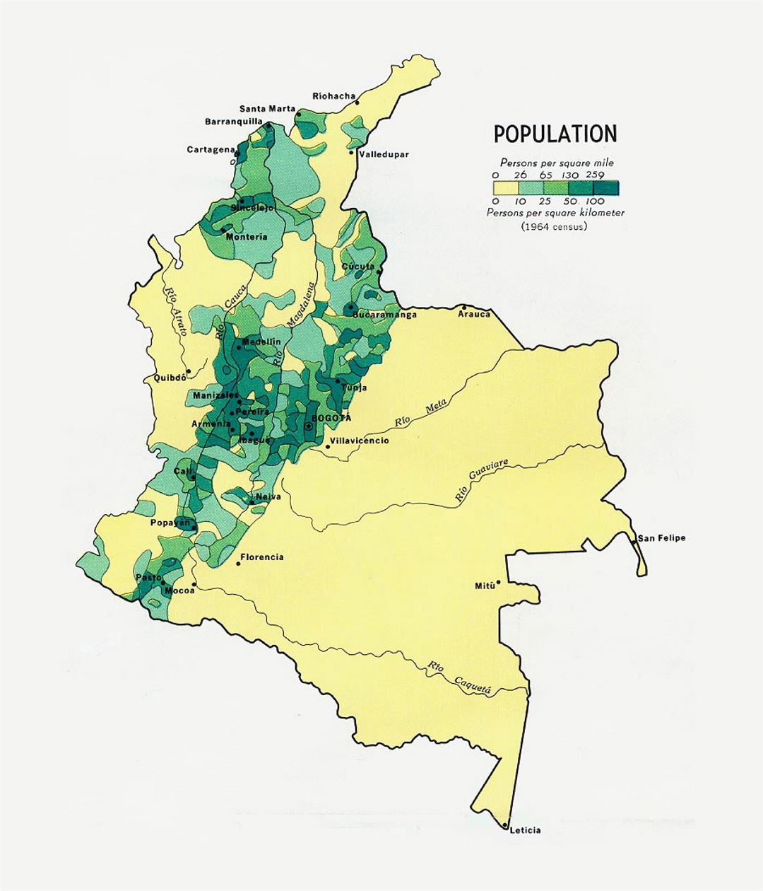 Детальная карта населения Колумбии - 1970