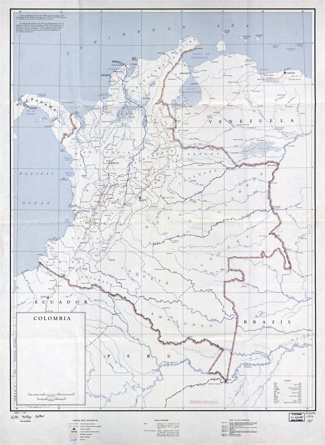 Детальная политическая и административная карта Колумбии в высоком разрешении с пометками городов, дорог и железных дорог - 1952