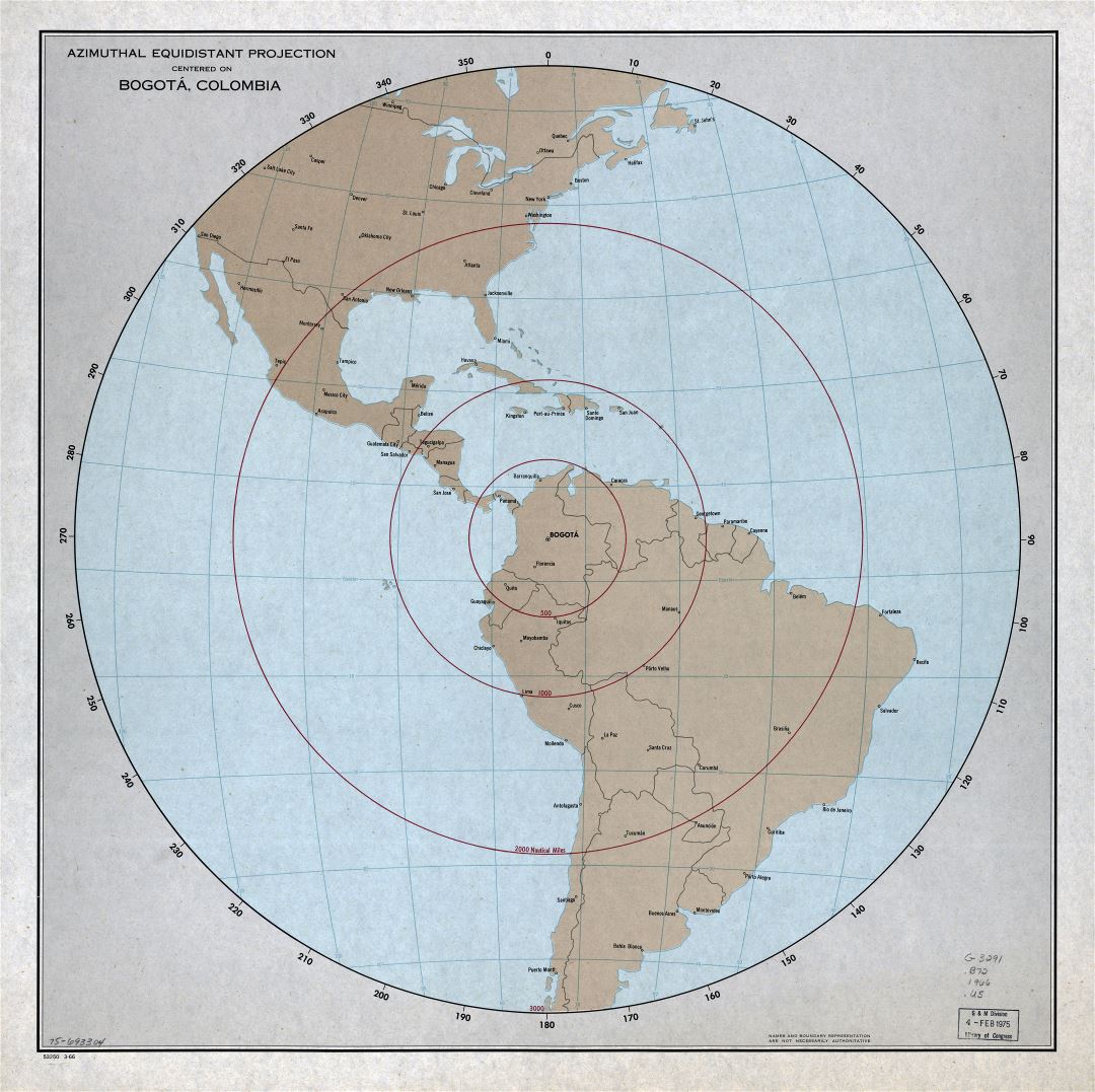 Большая подробная карта азимутальной эквидистантной проекции с центром в Боготе, Колумбия - 1966