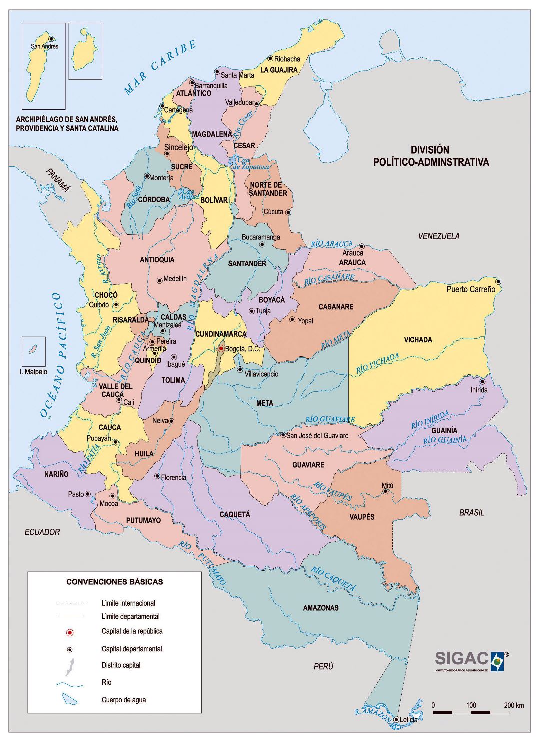 Большая детальная политическая и административная карта Колумбии