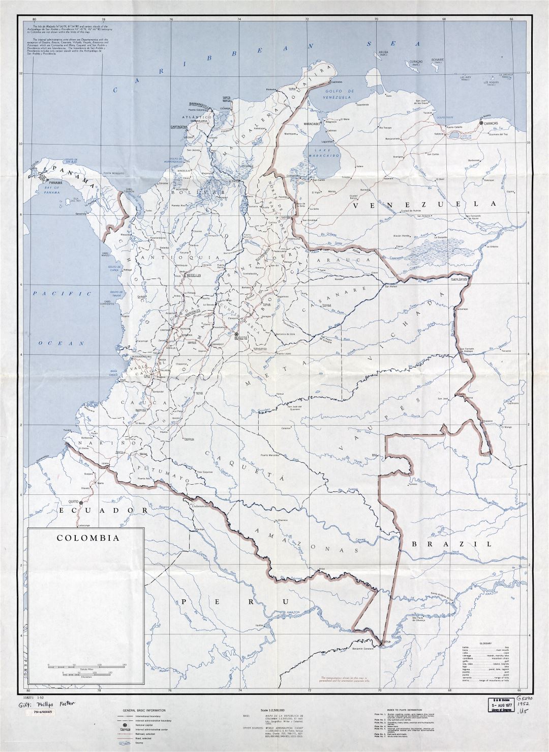 Большая подробная политическая и административная карта Колумбии с пометками городов, дорог и железных дорог - 1952
