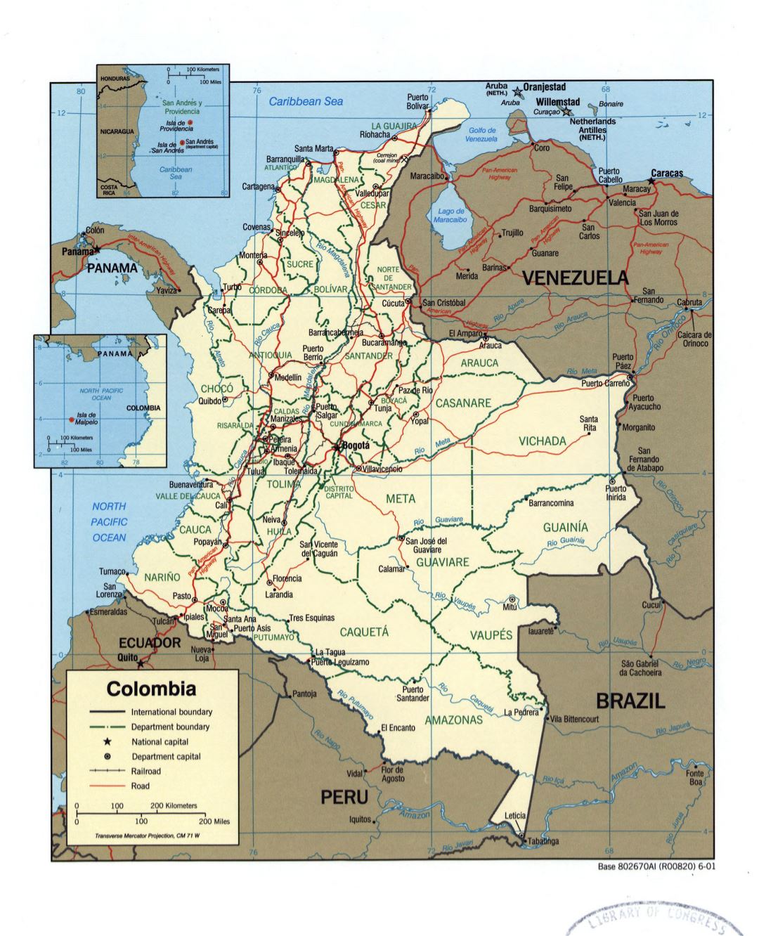 Большая детальная политическая и административная карта Колумбии с пометками городов, дорог и железных дорог - 2001