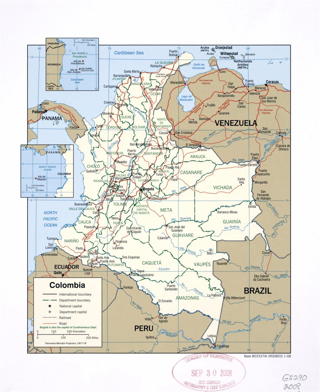 Большая детальная политическая и административная карта Колумбии с пометками крупных городов, дорог и железных дорог - 2008